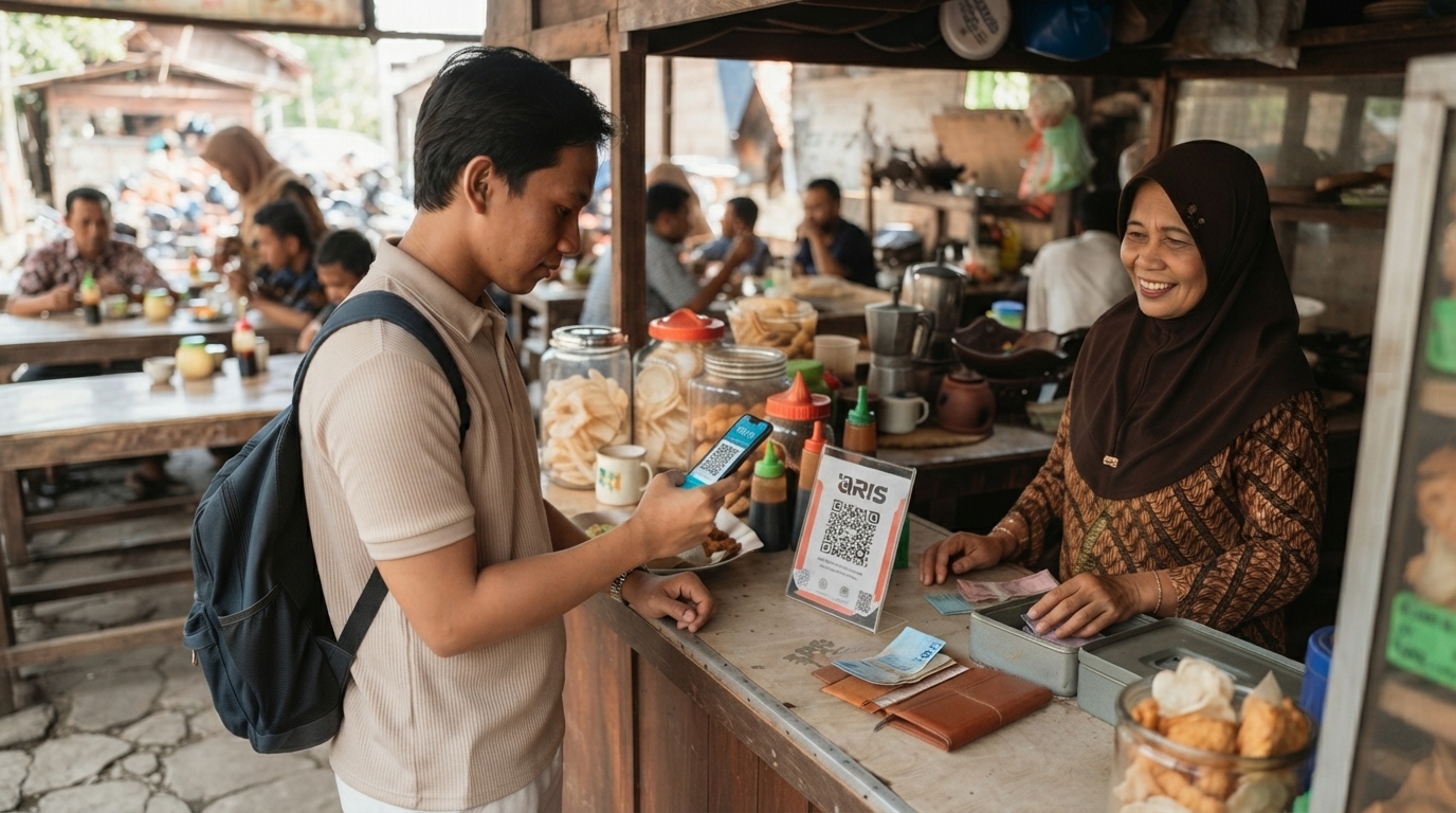 Mahasiswa melakukan pembayaran QRIS di warung makanan sebagai contoh penggunaan pembayaran digital.